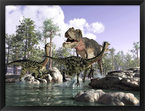 Framed Tyrannosaurus Rex Hunting two Gallimimus Dinosaurs in a River Print