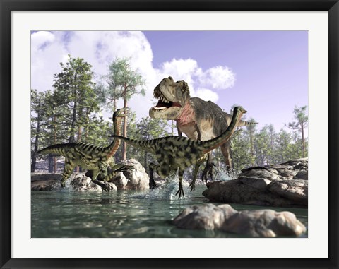 Framed Tyrannosaurus Rex Hunting two Gallimimus Dinosaurs in a River Print