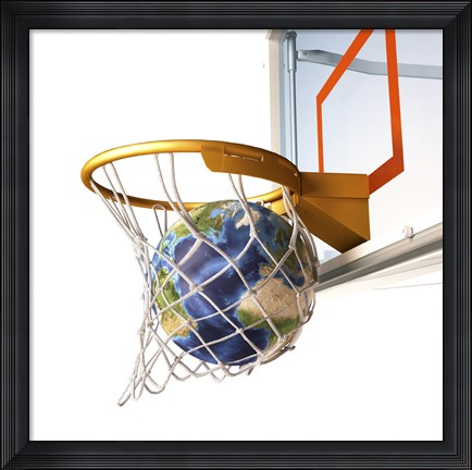 Framed 3D Rendering of Planet Earth Falling Into a Basketball Hoop Print