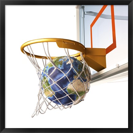 Framed 3D Rendering of Planet Earth Falling Into a Basketball Hoop Print