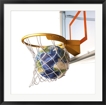 Framed 3D Rendering of Planet Earth Falling Into a Basketball Hoop Print