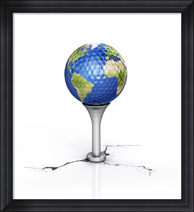 Framed Golf Ball with the Texture of Planet Earth Placed on a Tee Print