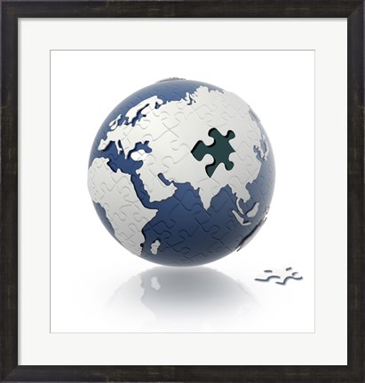 Framed Earth Globe with Puzzle Pattern and one Piece on the Floor Print