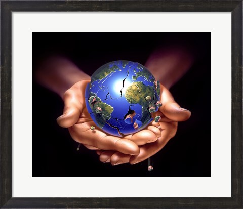 Framed Planet Earth on Human Hands, Breaking Down and Crumbling Print