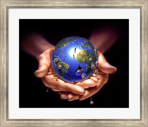 Framed Planet Earth on Human Hands, Breaking Down and Crumbling Print
