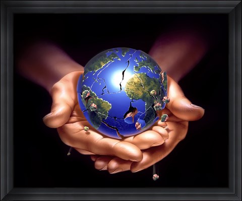 Framed Planet Earth on Human Hands, Breaking Down and Crumbling Print