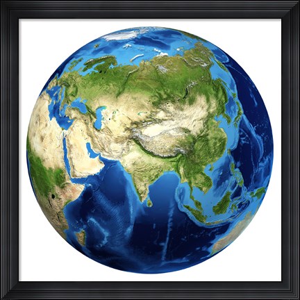 Framed 3D rendering of Planet Earth with Clouds, Centered on Asia Print