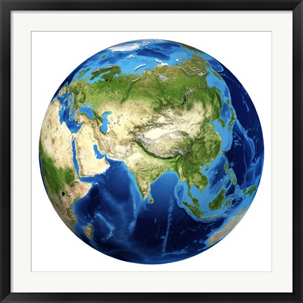 Framed 3D rendering of Planet Earth with Clouds, Centered on Asia Print