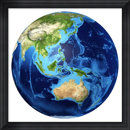 Framed 3D Rendering of planet Earth with Clouds, Oceania View Print