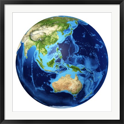 Framed 3D Rendering of planet Earth with Clouds, Oceania View Print