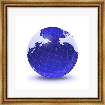 Framed Stylized Earth Globe with Grid, Centered on Pacific Ocean Print
