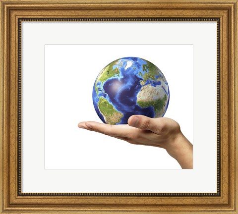 Framed Male Hand Holding Earth Globe Print