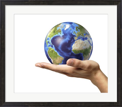 Framed Male Hand Holding Earth Globe Print