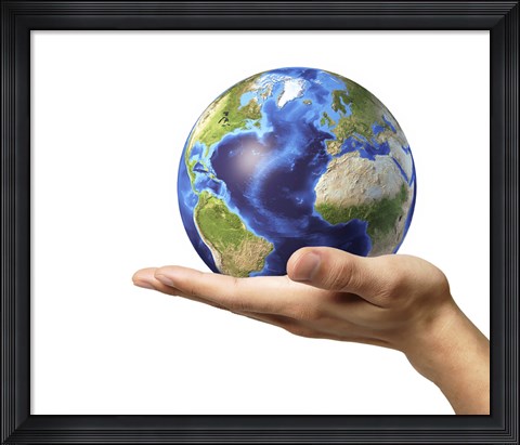 Framed Male Hand Holding Earth Globe Print