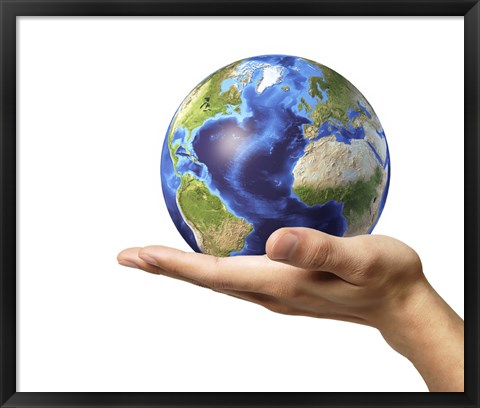 Framed Male Hand Holding Earth Globe Print