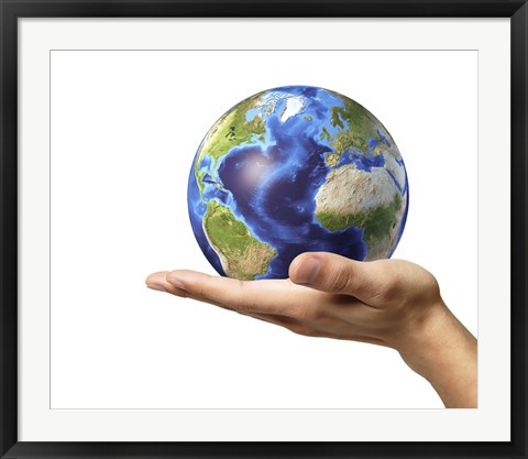 Framed Male Hand Holding Earth Globe Print