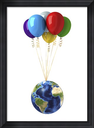 Framed Planet Earth Lifted by a Bunch of Flying Multicolored Balloons Print