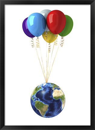 Framed Planet Earth Lifted by a Bunch of Flying Multicolored Balloons Print