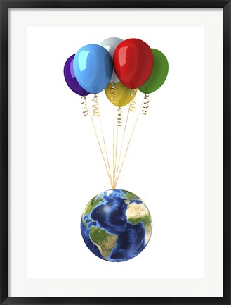 Framed Planet Earth Lifted by a Bunch of Flying Multicolored Balloons Print