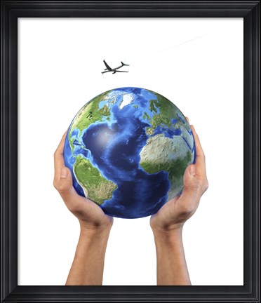 Framed Man&#39;s Hands Holding the Planet Earth, with a Jet Aircraft Flying Above Print