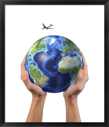 Framed Man&#39;s Hands Holding the Planet Earth, with a Jet Aircraft Flying Above Print