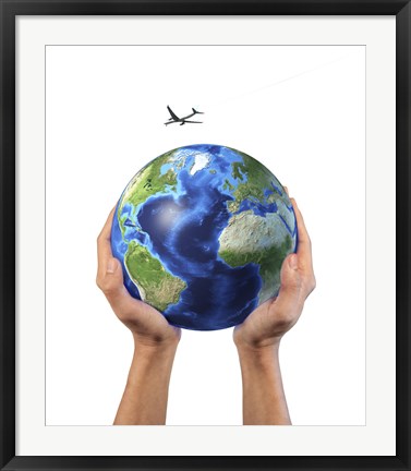 Framed Man&#39;s Hands Holding the Planet Earth, with a Jet Aircraft Flying Above Print