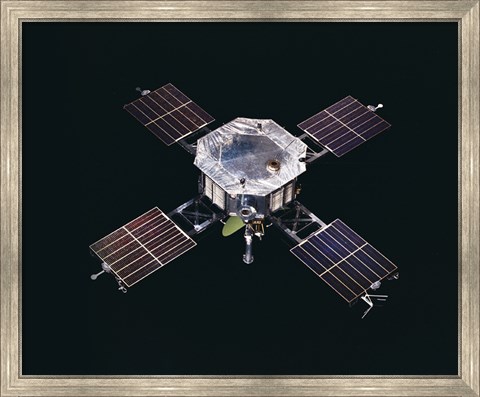 Framed Mariner 5 spacecraft Against a Black Background Print