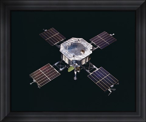 Framed Mariner 5 spacecraft Against a Black Background Print