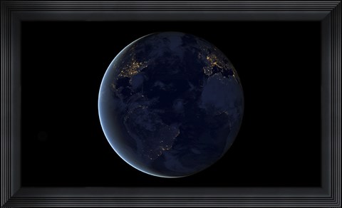 Framed Digital Composite of Earth&#39;s City Lights at Night, Centered over the Atlantic Ocean Print