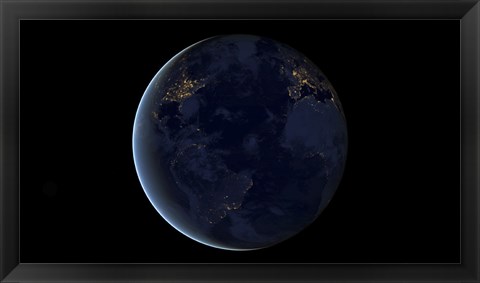 Framed Digital Composite of Earth&#39;s City Lights at Night, Centered over the Atlantic Ocean Print