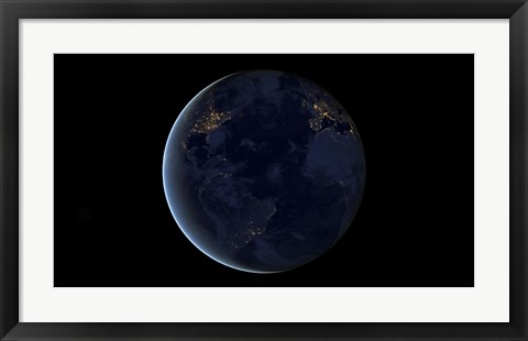 Framed Digital Composite of Earth&#39;s City Lights at Night, Centered over the Atlantic Ocean Print