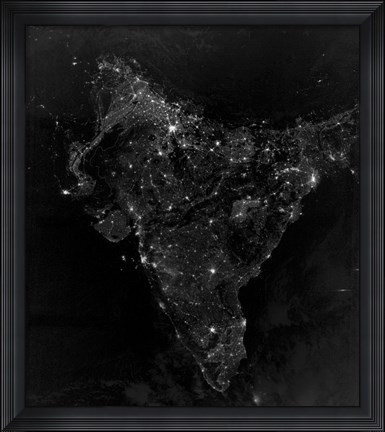 Framed Satellite View of City, Village, and Highway Lights in India Print