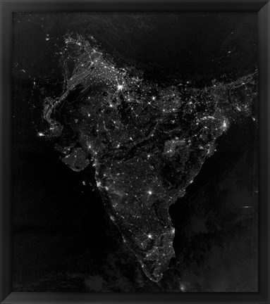 Framed Satellite View of City, Village, and Highway Lights in India Print