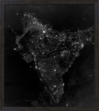 Framed Satellite View of City, Village, and Highway Lights in India Print