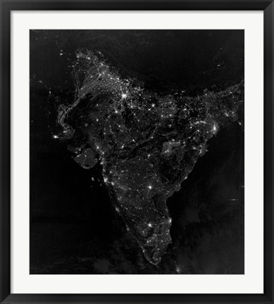 Framed Satellite View of City, Village, and Highway Lights in India Print