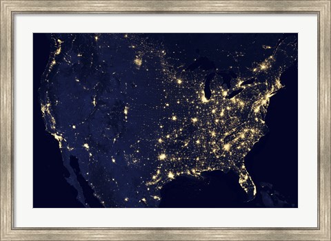 Framed City Lights of the United States at Night Print