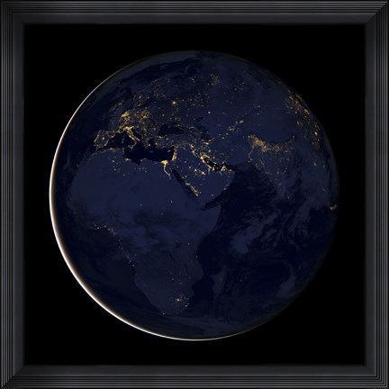 Framed Full Earth Showing City Lights of Africa, Europe, and the Middle East Print