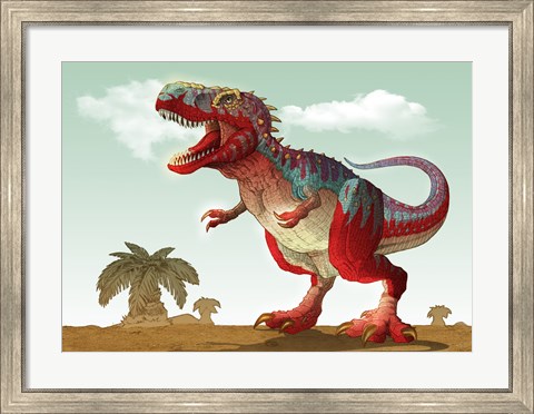 Framed Colorful Illustration of an Angry Tyrannosaurus Rex Print