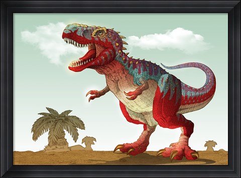 Framed Colorful Illustration of an Angry Tyrannosaurus Rex Print