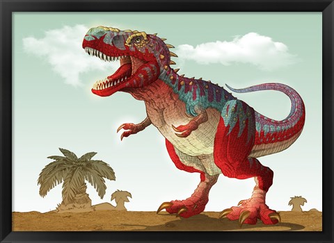 Framed Colorful Illustration of an Angry Tyrannosaurus Rex Print