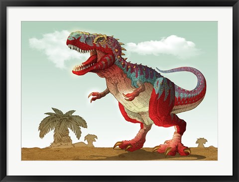 Framed Colorful Illustration of an Angry Tyrannosaurus Rex Print