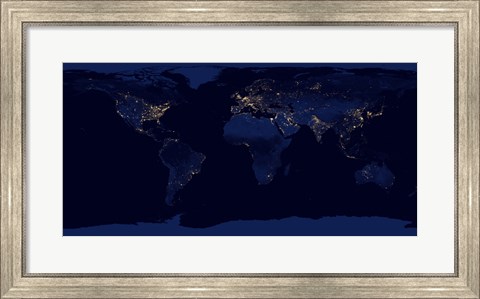 Framed Flat Map of Earth Showing City Lights of the World at Night Print