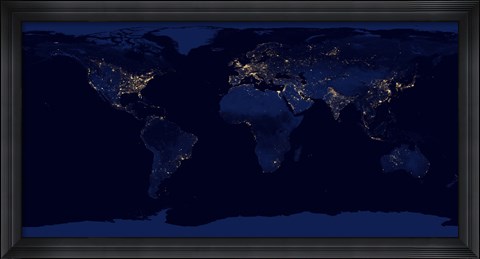 Framed Flat Map of Earth Showing City Lights of the World at Night Print