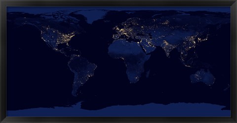 Framed Flat Map of Earth Showing City Lights of the World at Night Print