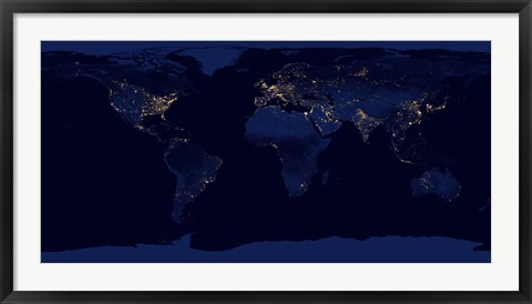 Framed Flat Map of Earth Showing City Lights of the World at Night Print