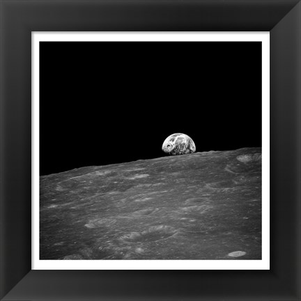 Framed first photograph taken by humans of Earthrise during Apollo 8. Print