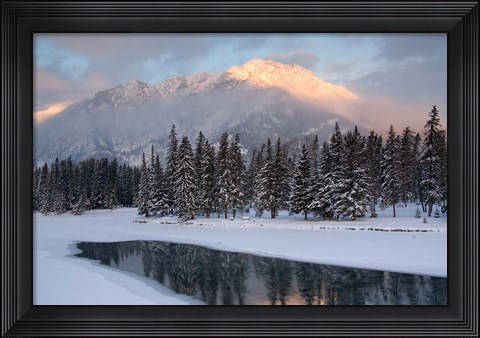 Framed View of Mt Edith and Sawback Range with Reflection in Spray River, Banff, Canada Print