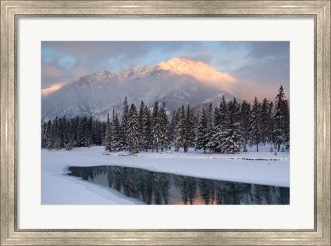 Framed View of Mt Edith and Sawback Range with Reflection in Spray River, Banff, Canada Print