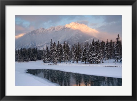 Framed View of Mt Edith and Sawback Range with Reflection in Spray River, Banff, Canada Print