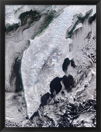 Framed Satellite view of Kamchatka Peninsula, Eastern Russia Print